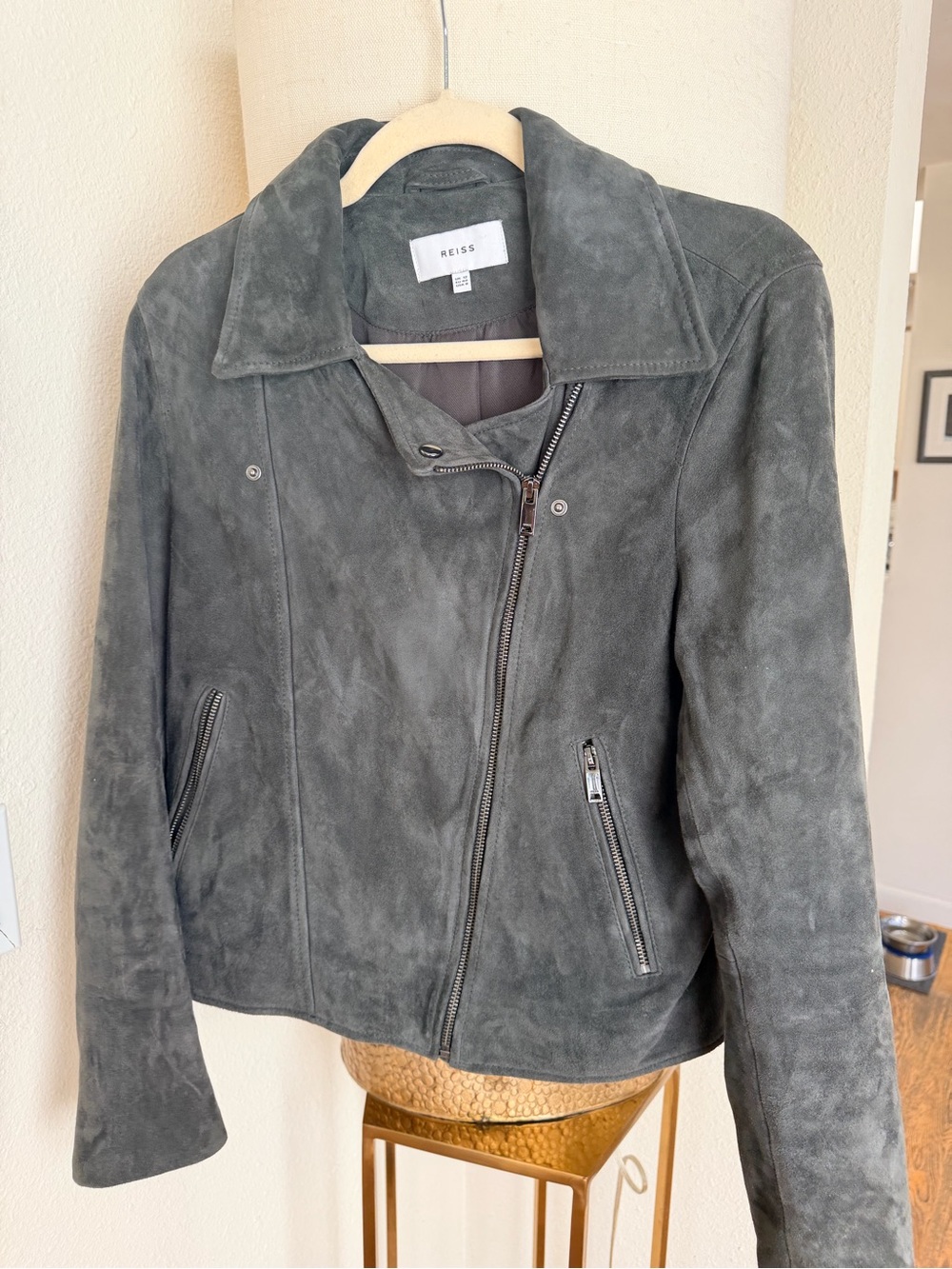 Reiss Dark Grey Suede Asymmetric Zip Jacket